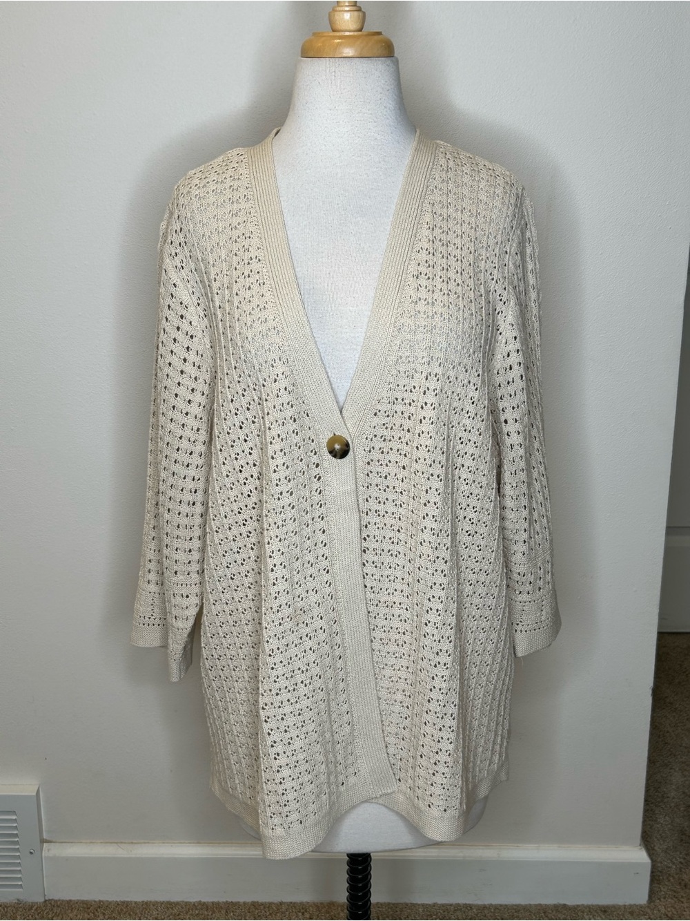 J. Jill Cream Openwork Knit Cardigan with Single Button Size XL